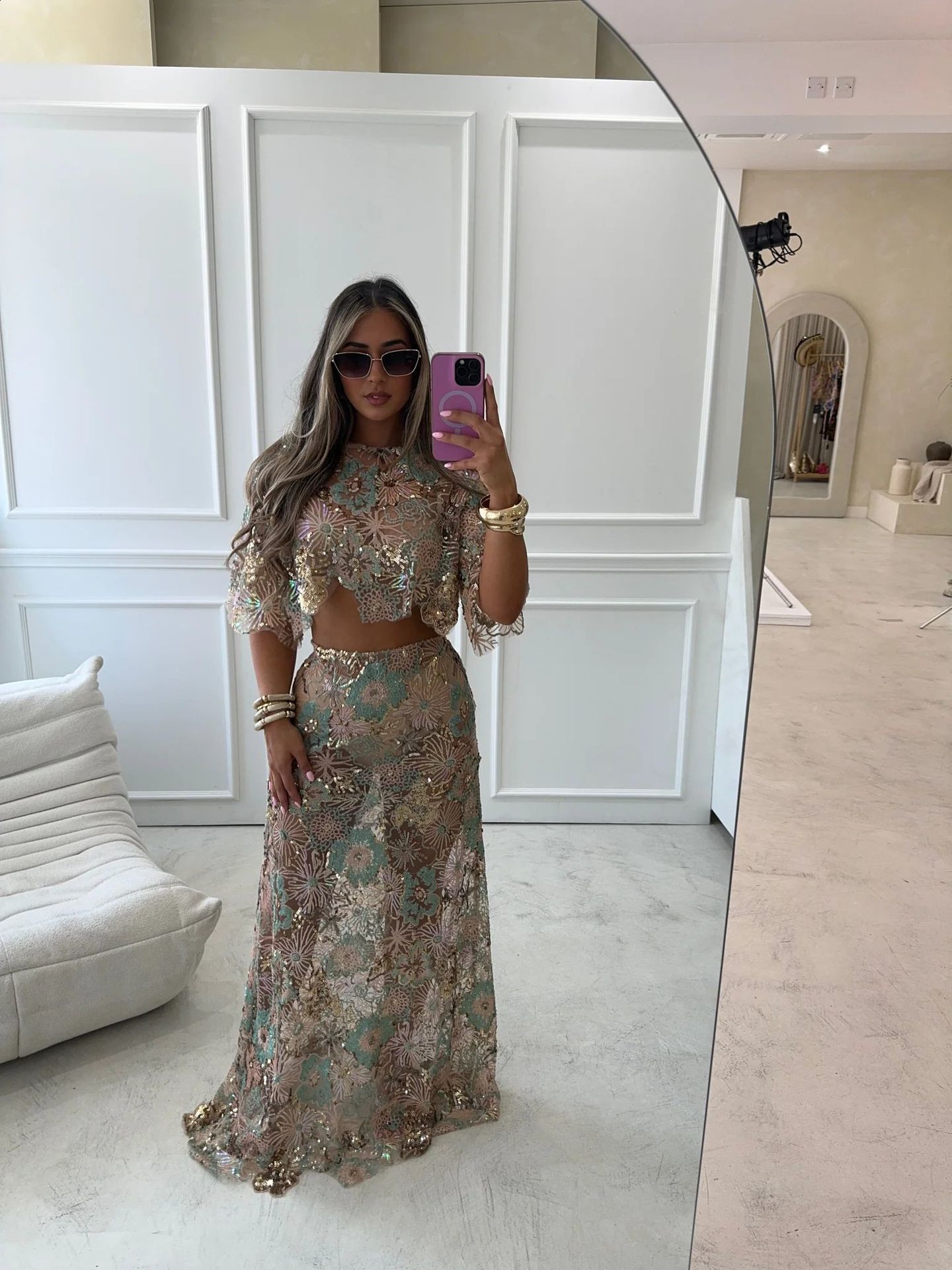 Sparkly Sequin Maxi Skirts Suits Set Lace Sheer Crop Top Long Skirt 2Piece Glitter Floral Pattern Evening Party Women Outfit 250905 - view 3