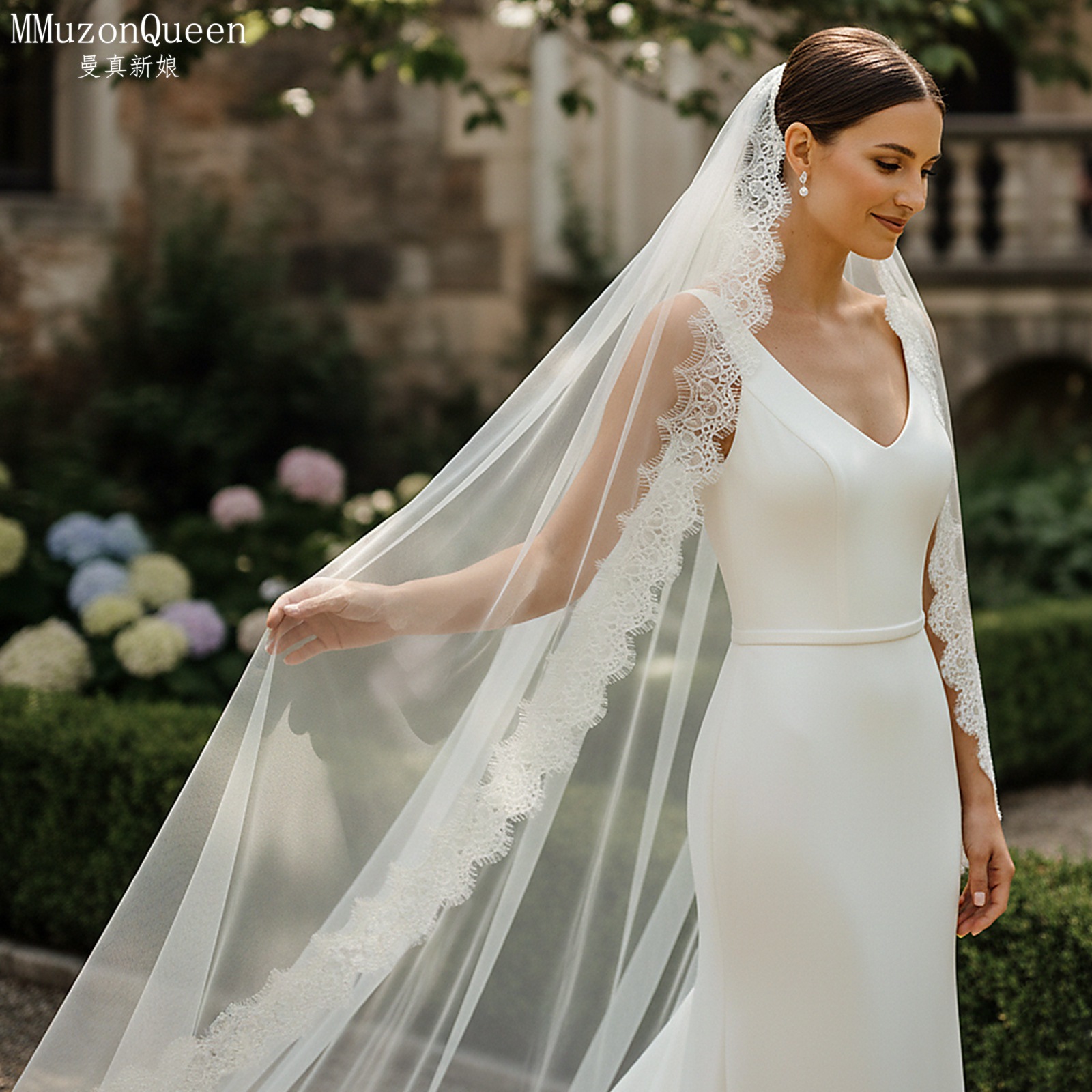 Cathedral Lace Edge Tulle Bridal Veil Single Tier Long Wedding Veil With Metal Hair Comb Vintage Floral Lace Veil For Wedding Ceremony Photoshoot