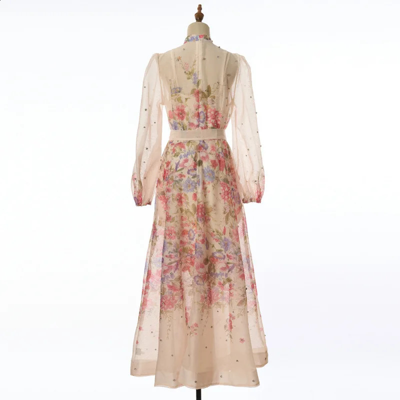 Elegant Long Diamond Flower Print Maxi Dress Single Piece High Waist Gored Skirt Style Comfortable Casual Streetwear 260707