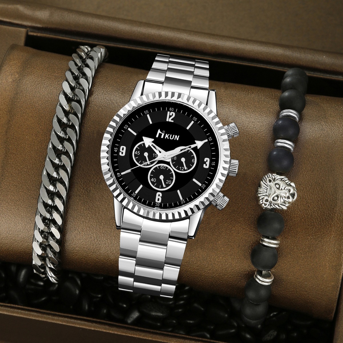 Men Wrist Watch Trendy Creative Sports-Style Personalized Fake Three-Eye Gear Dial quartz Student Steel Band And Beaded Bracelet Set, Available For Dr