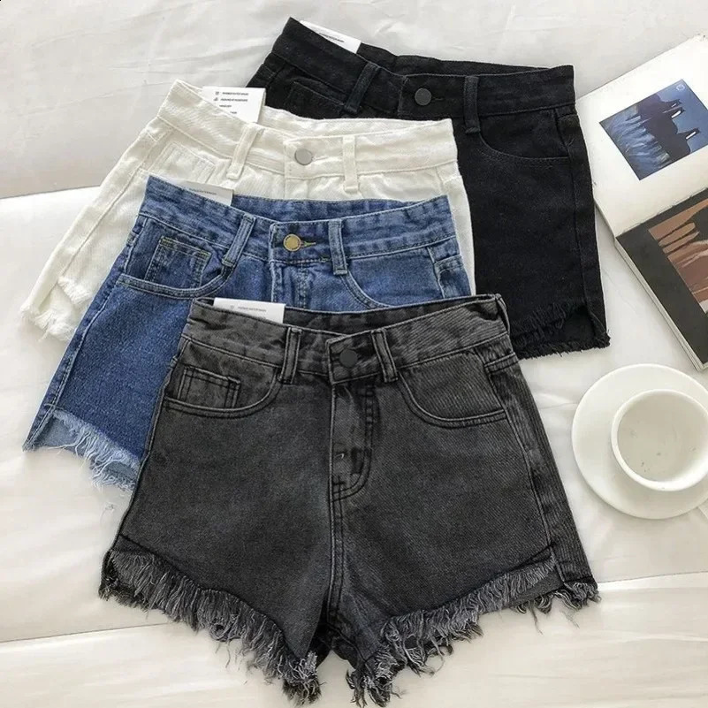2025 Summer Women High Wiast Raw Hem Denim Shorts Soild White Black Blue Korean Wide Leg Pants Mon Jean 260707