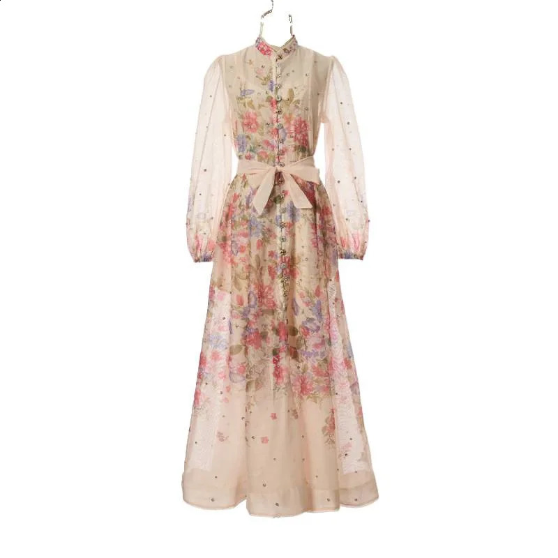 Elegant Long Diamond Flower Print Maxi Dress Single Piece High Waist Gored Skirt Style Comfortable Casual Streetwear 260707
