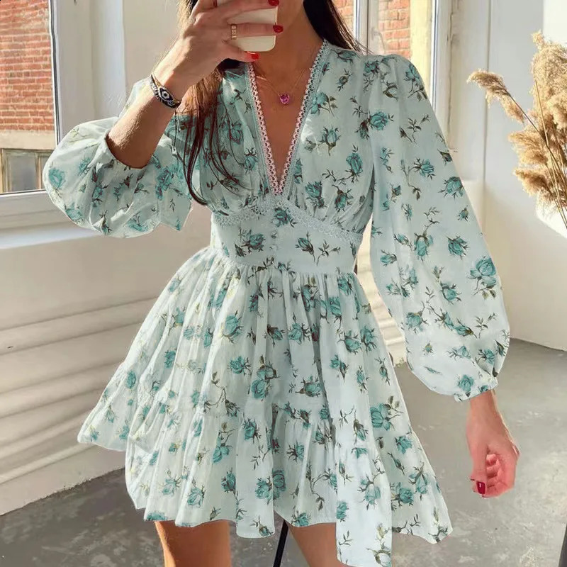 Women Floral Print Mini Dress High Waist ALine Summer Autumn Long Sleeve V Neck Dresses Vintage Beach Vacation Casual Vestidos 260707