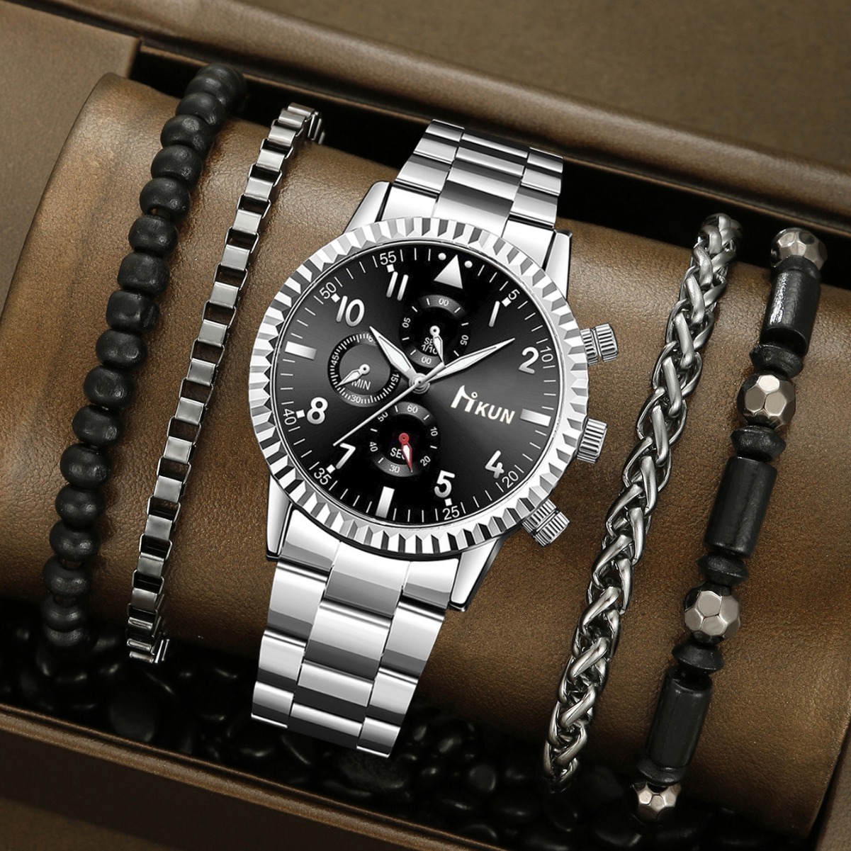 Men Wrist quartz Watch Cross-Border Trendy Alloy Steel Band Fake Three-Eye Business Digital Scale Men's Fashion Bracelet Set Small Dial