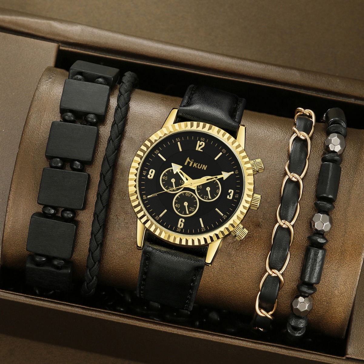 Men Wrist Watch Cross-Border New Product Creative Harajuku Sports Faux Three-Eye Digital Pointer Gear Dial quartz Leather Strap Beaded Bracelet Set Sm