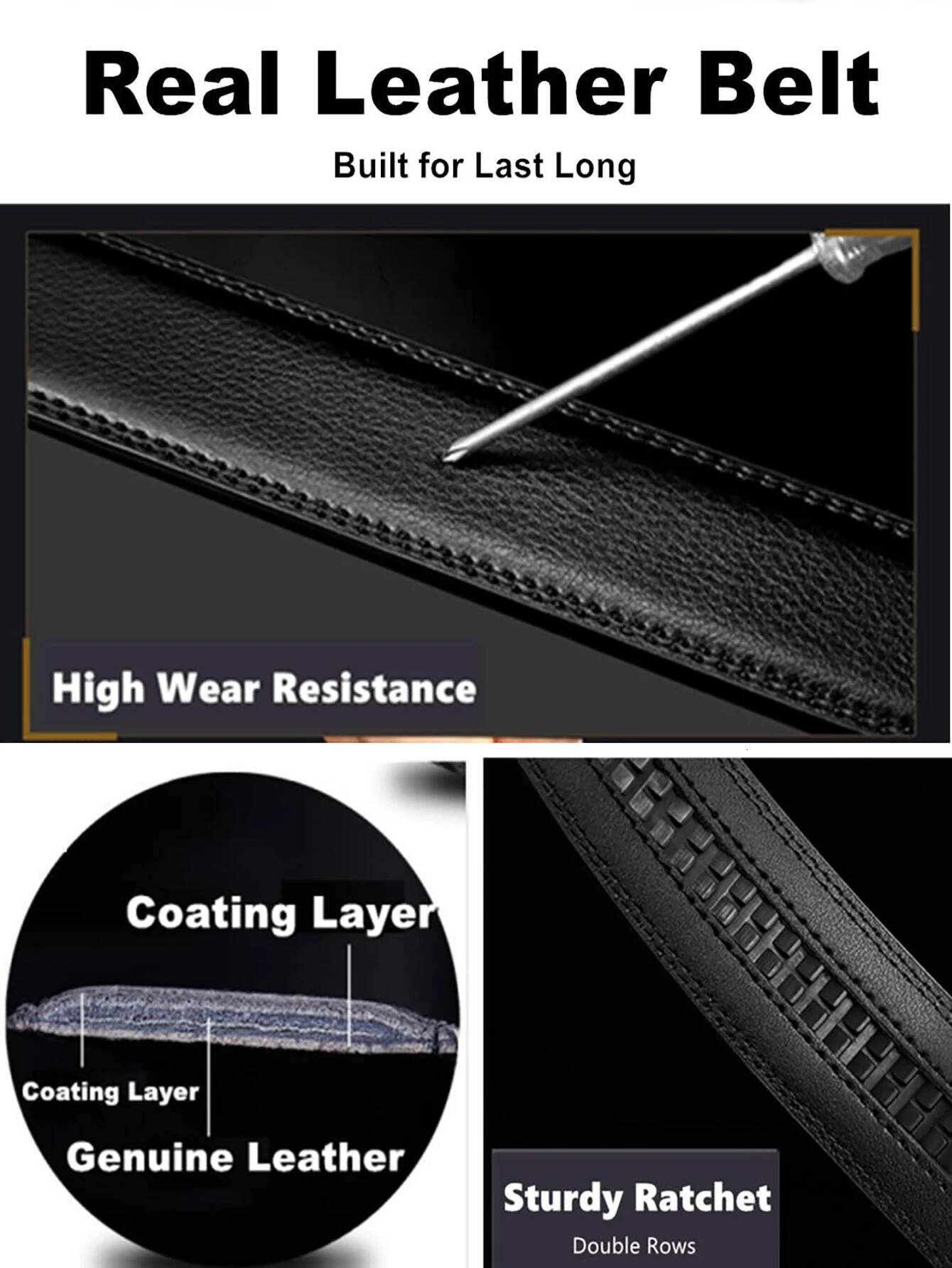 High Quality Black Brown Mens Belt, Genuine Leather Material, Adjustable Automatic Ratchet Buckle, Cuttable Business Belt J260706 J260706 - view 7