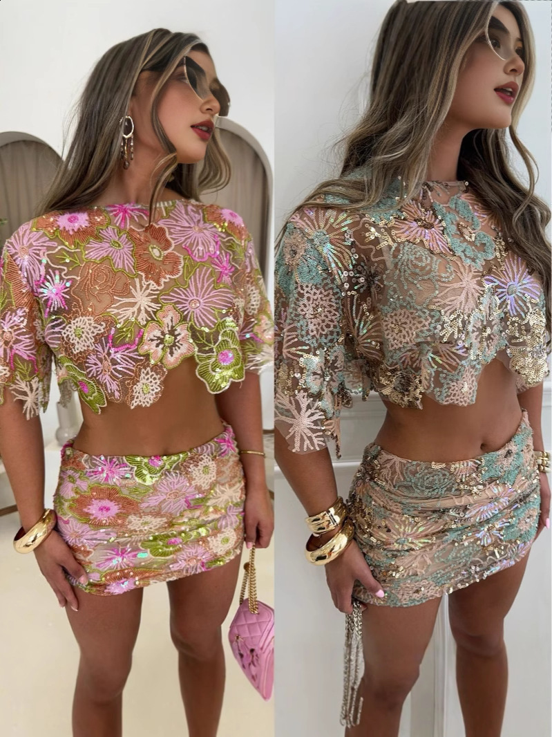 Sparkly Sequin Maxi Skirts Suits Set Lace Sheer Crop Top Long Skirt 2Piece Glitter Floral Pattern Evening Party Women Outfit 250905 - view 6