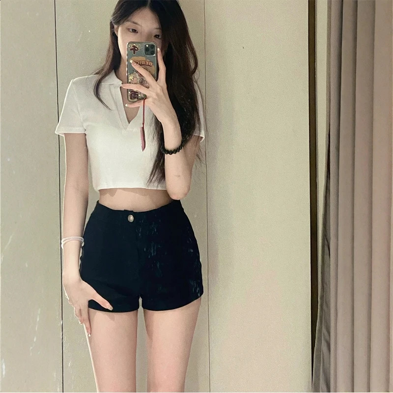 Summer High Waist Black Denim Shorts Super Short Trendy Girls Tight Jeans Cotton Casual Straight Leg Pants 260707