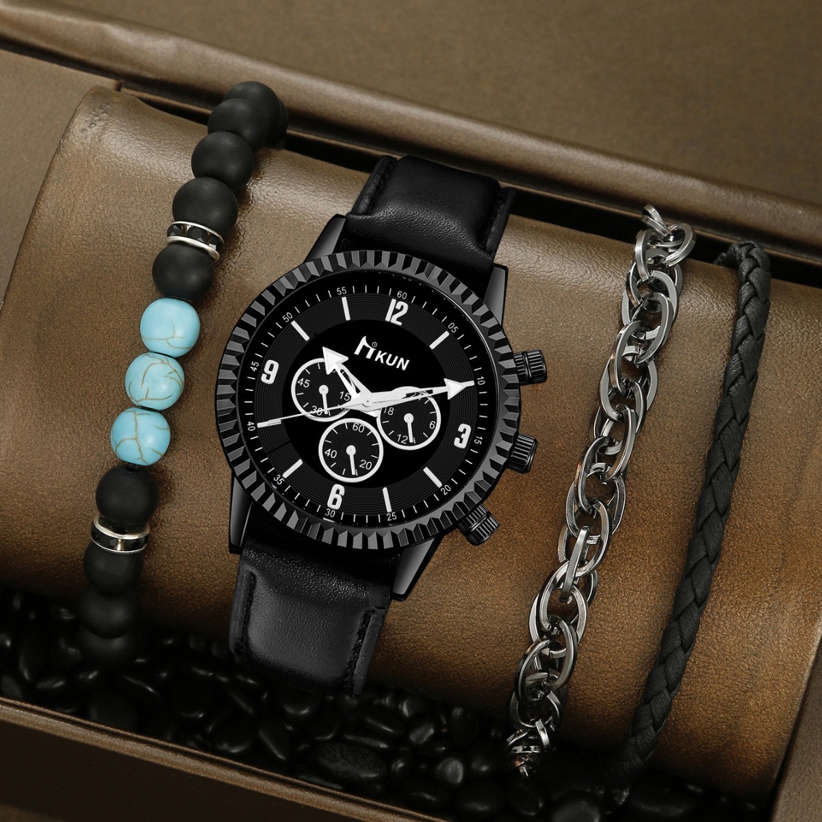 Men Wrist Watch Cross-Border New Product Creative Harajuku Sports Faux Three-Eye Digital Pointer Gear Dial quartz Leather Strap Beaded Bracelet Set Sm