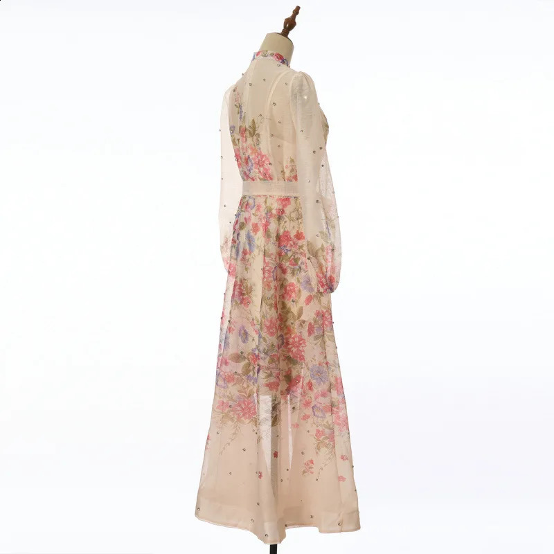 Elegant Long Diamond Flower Print Maxi Dress Single Piece High Waist Gored Skirt Style Comfortable Casual Streetwear 260707