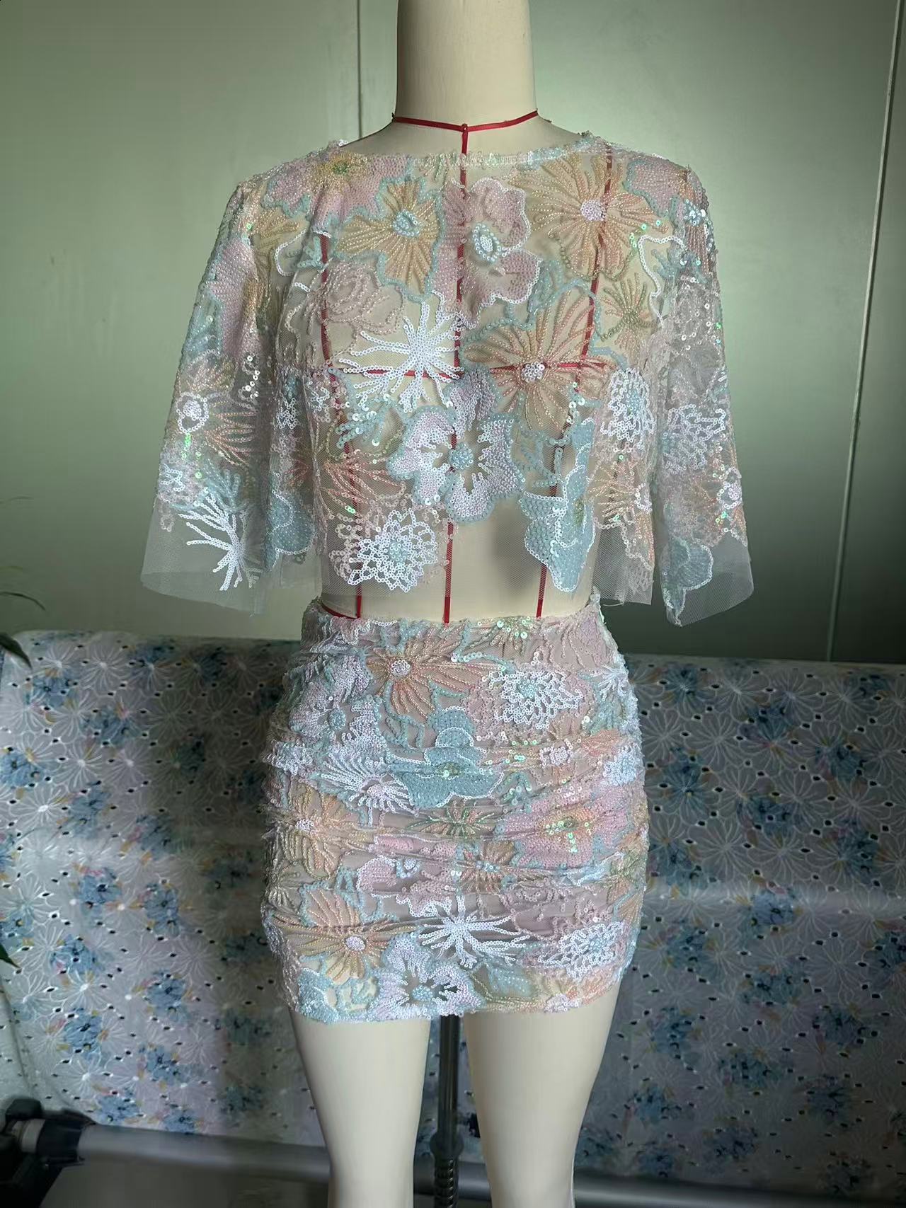Sparkly Sequin Maxi Skirts Suits Set Lace Sheer Crop Top Long Skirt 2Piece Glitter Floral Pattern Evening Party Women Outfit 250905 - view 8