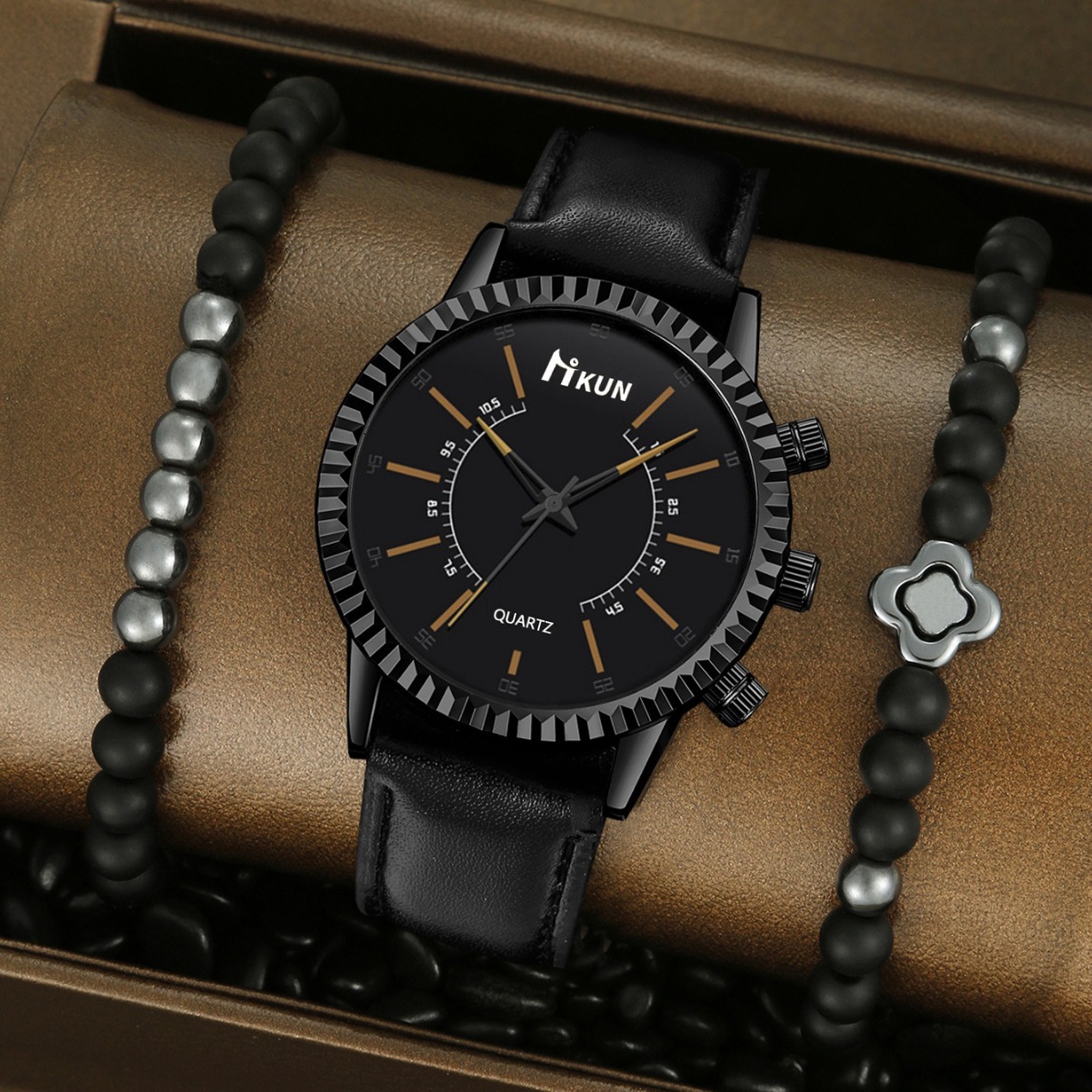 Men Wrist Watch Cross-Border New Product: quartz Sporty Casual Korean-Style Student Creative Gear Dial Leather Strap Quartz And Beaded Bracelet Set Sm