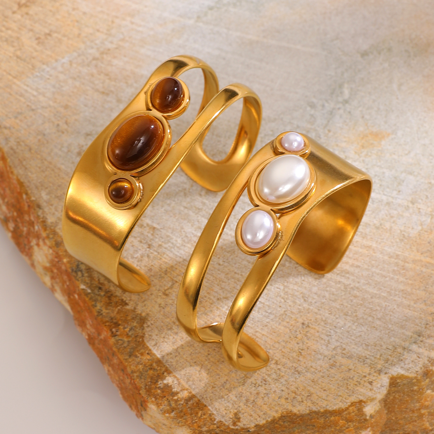 Trendy Cross-Border Accessory Durable Stainless Steel Bangle Featuring Unique Pearls and Tiger's Eye Gemstones