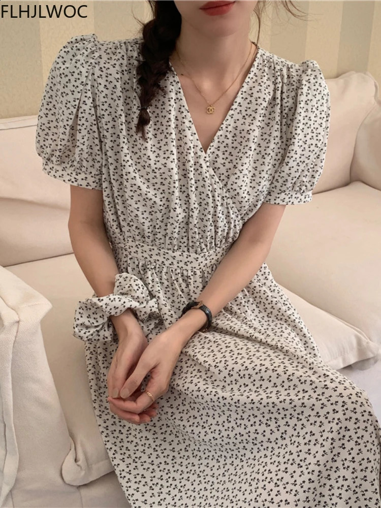 Chic Korean Clothes n Summer Womens Short Sleeve V Neck Elegant Lady Floral Printed LaceUp Cute Retro Vintage Long Dress 260707