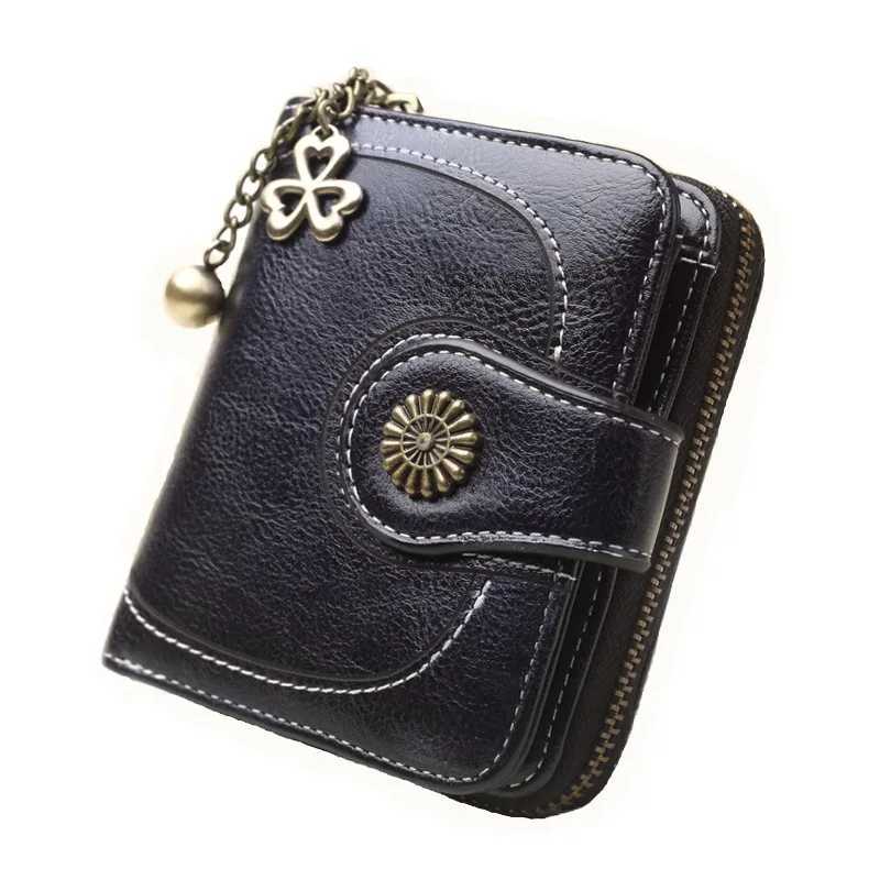Leather Women Greased Vintage Wallets Flower Ladies Zipper Coin Purse Female Small Clutch Money Bag Holder Wallet H260707