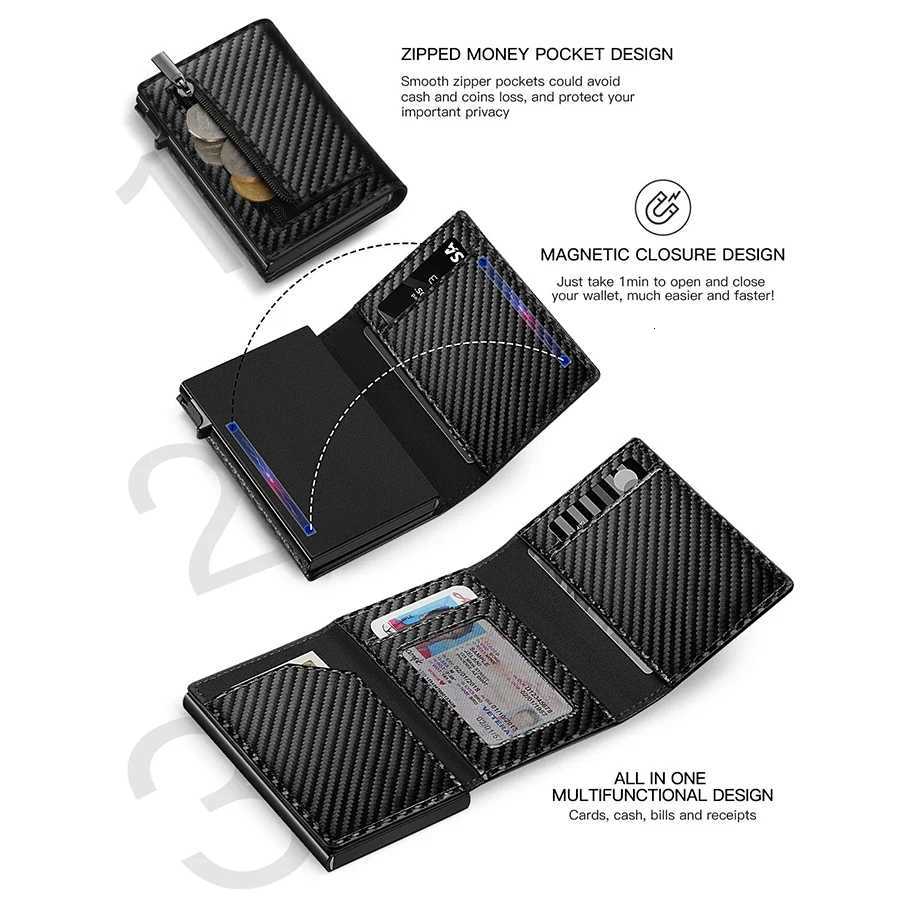 Card Mens Carbon Fiber Magnetic Clip Leather RFID Triple Fold Card with Zipper Wallet Pop Up Smart AirTag Wallet H260707