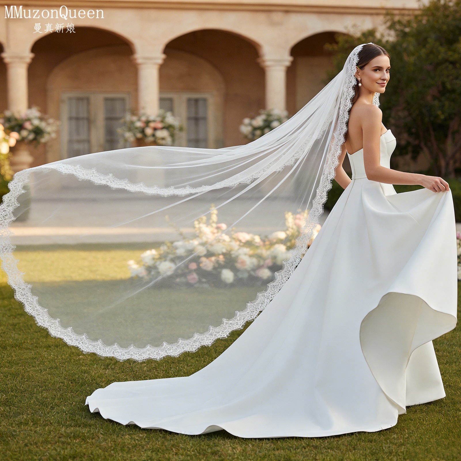 Cathedral Lace Edge Tulle Bridal Veil Single Tier Long Wedding Veil With Metal Hair Comb Vintage Floral Lace Veil For Wedding Ceremony Photoshoot