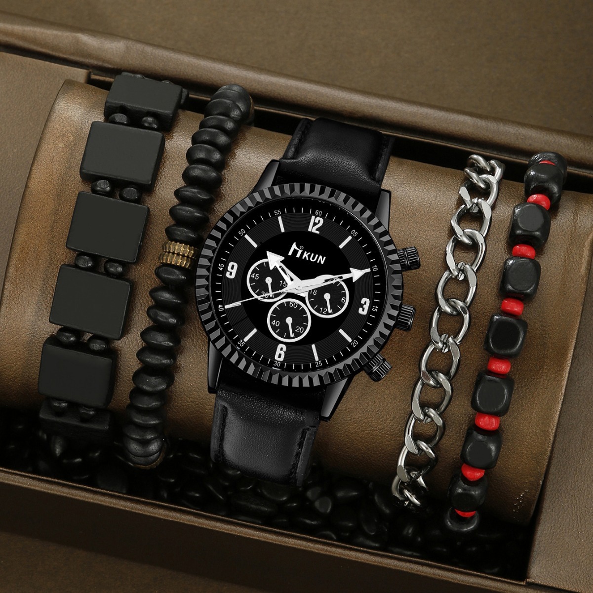 Men Wrist Watch Cross-Border New Product Creative Harajuku Sports Faux Three-Eye Digital Pointer Gear Dial quartz Leather Strap Beaded Bracelet Set Sm
