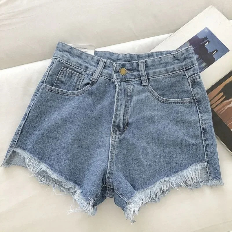 2025 Summer Women High Wiast Raw Hem Denim Shorts Soild White Black Blue Korean Wide Leg Pants Mon Jean 260707
