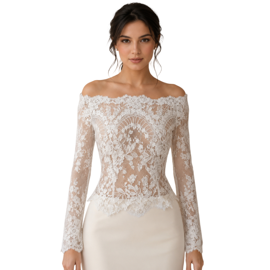 Fashionable Wedding Bolero Wraps Off-Shoulder Long Sleeve Applique Button Bridal Jacket Wedding Dress Accessories Customized - view 5