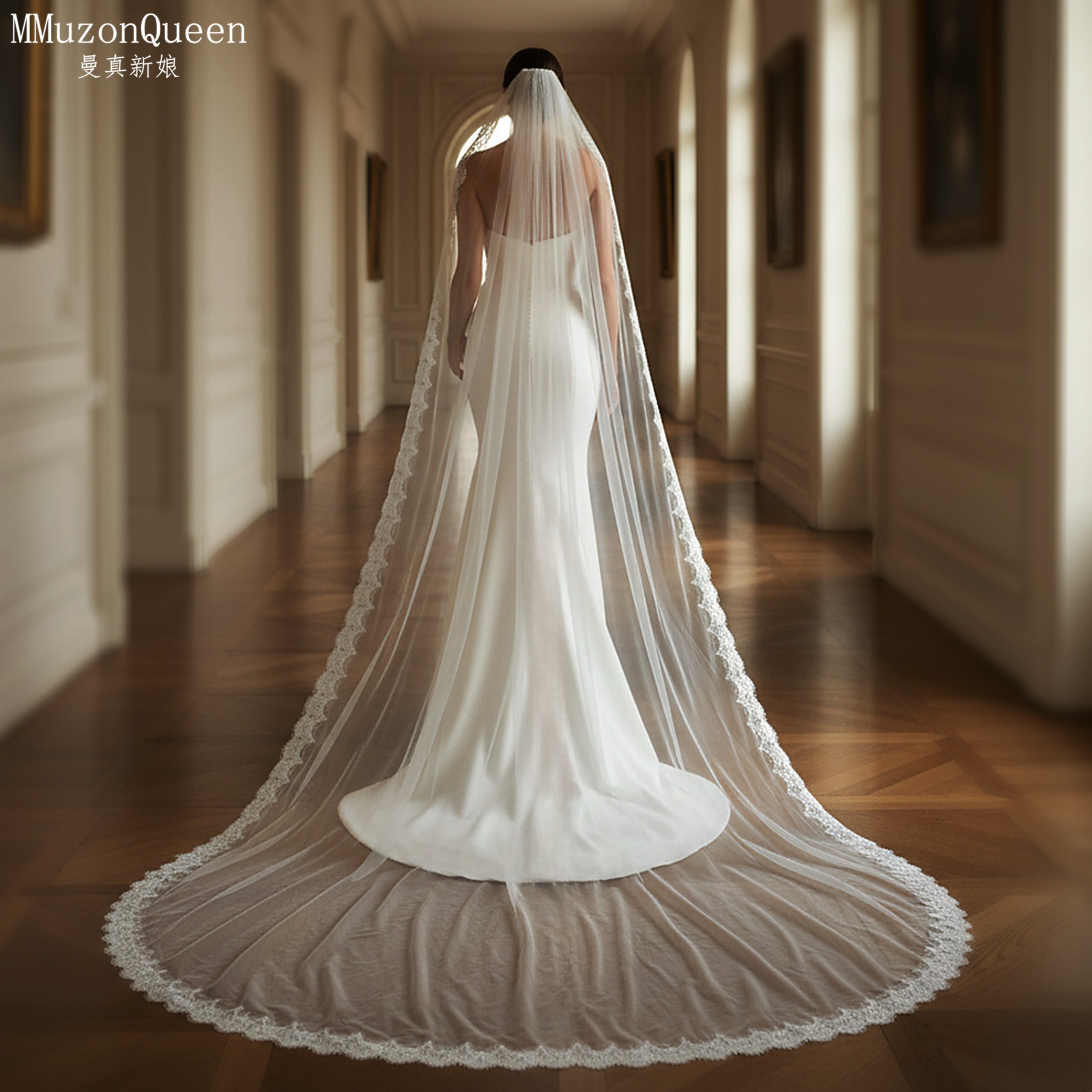 Cathedral Lace Edge Tulle Bridal Veil Single Tier Long Wedding Veil With Metal Hair Comb Vintage Floral Lace Veil For Wedding Ceremony Photoshoot