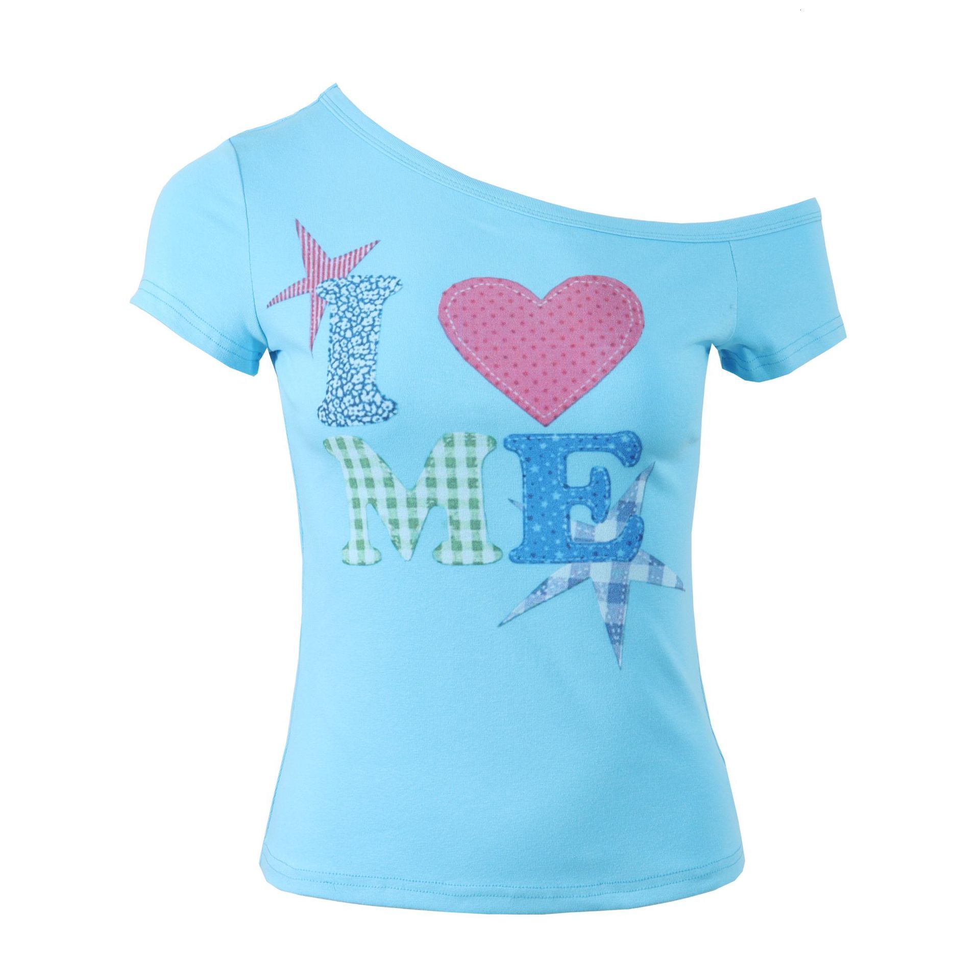 Womens Short Sleeve Tee Womens Spicy Heart Print Light Asian Slim Fit Off Shoulder Casual Top For Women Daily Summer Dating Nightclub Beach Outfits