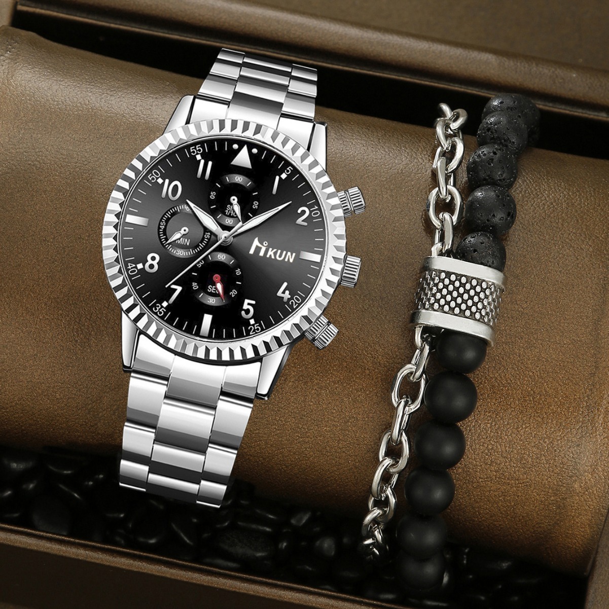 Men Wrist quartz Watch Cross-Border Trendy Alloy Steel Band Fake Three-Eye Business Digital Scale Men's Fashion Bracelet Set Small Dial