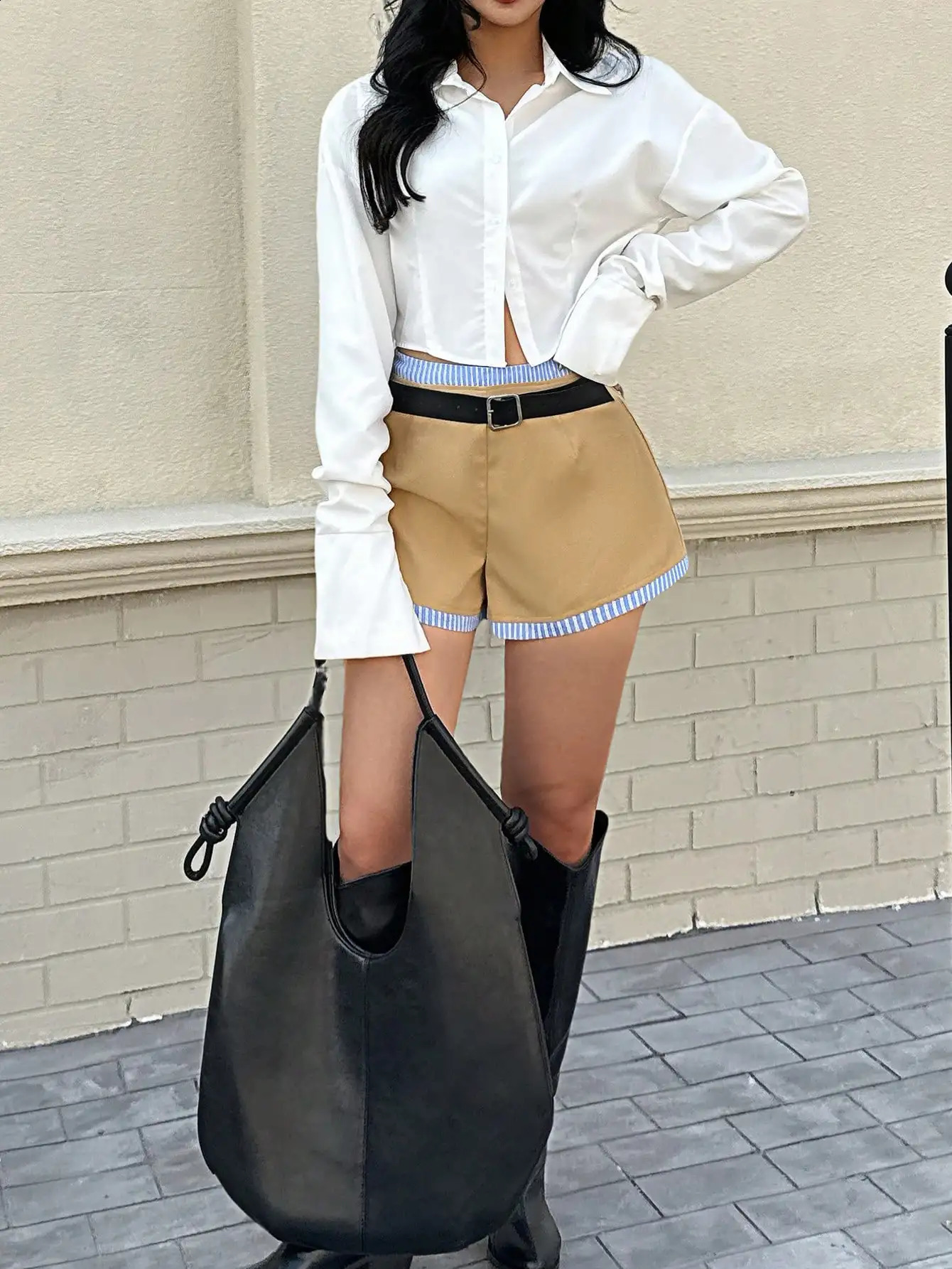 Women's Fashion Striped Paneled LowRise Aline ShortsNo Belt Included 260707