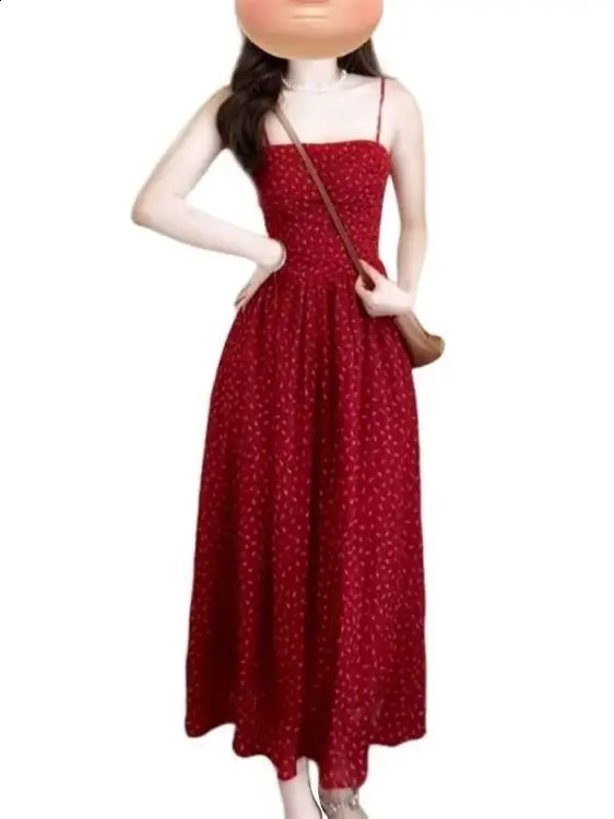 Retro Red Floral Print Halter Dress Summer 2025 Style Beach Vacation Waist Cinched Long Polyester Fabric 260707
