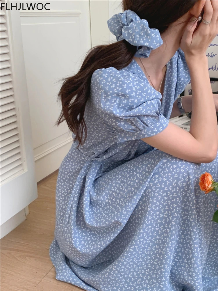 Chic Korean Clothes n Summer Womens Short Sleeve V Neck Elegant Lady Floral Printed LaceUp Cute Retro Vintage Long Dress 260707