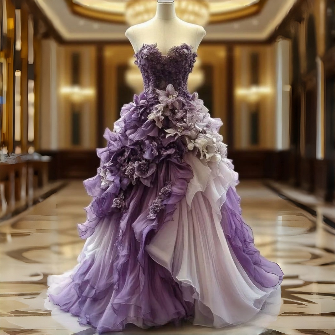 Ombre Lavender White Strapless Flower Prom Dresses Applique Irregular Ruffle Draped Floral Formal Occasion Gowns Chic Fairy Reception Dress For Women