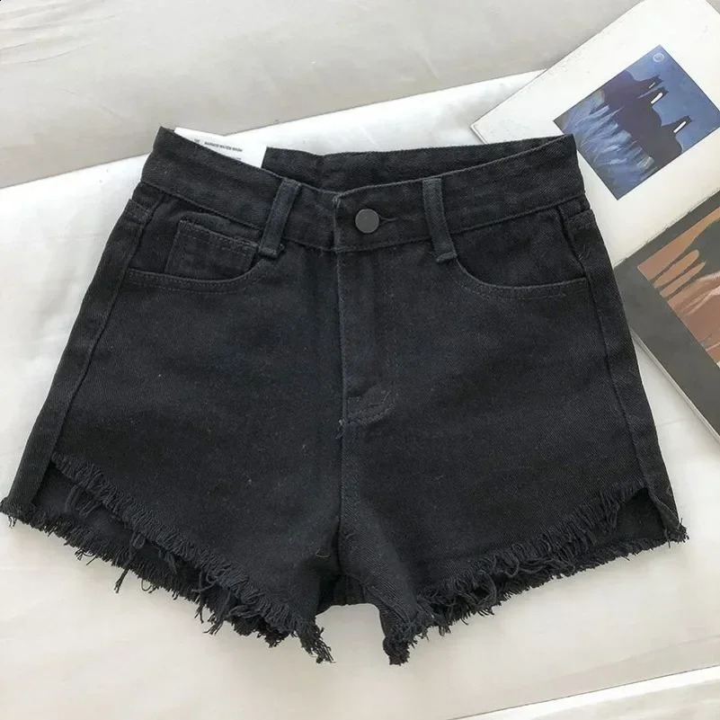 2025 Summer Women High Wiast Raw Hem Denim Shorts Soild White Black Blue Korean Wide Leg Pants Mon Jean 260707