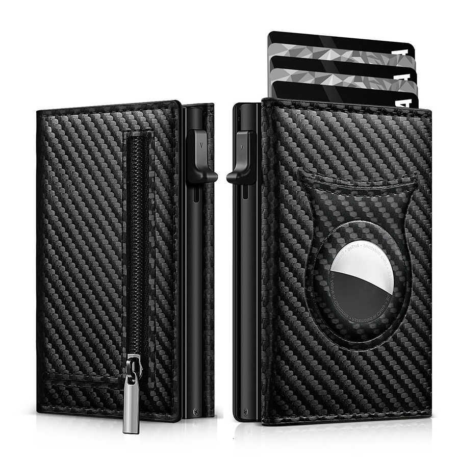 Card Mens Carbon Fiber Magnetic Clip Leather RFID Triple Fold Card with Zipper Wallet Pop Up Smart AirTag Wallet H260707