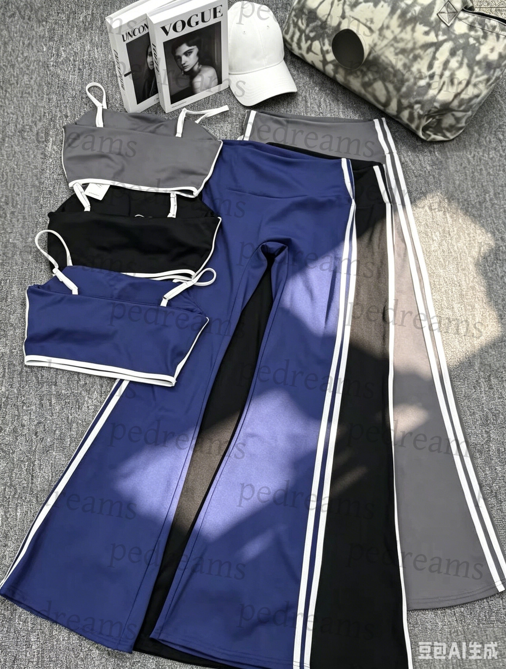 Women Striped Side 2 Piece Yoga Set Spaghetti Strap Sports Bra & High Waist Flare Pants Fitness Workout Outfit