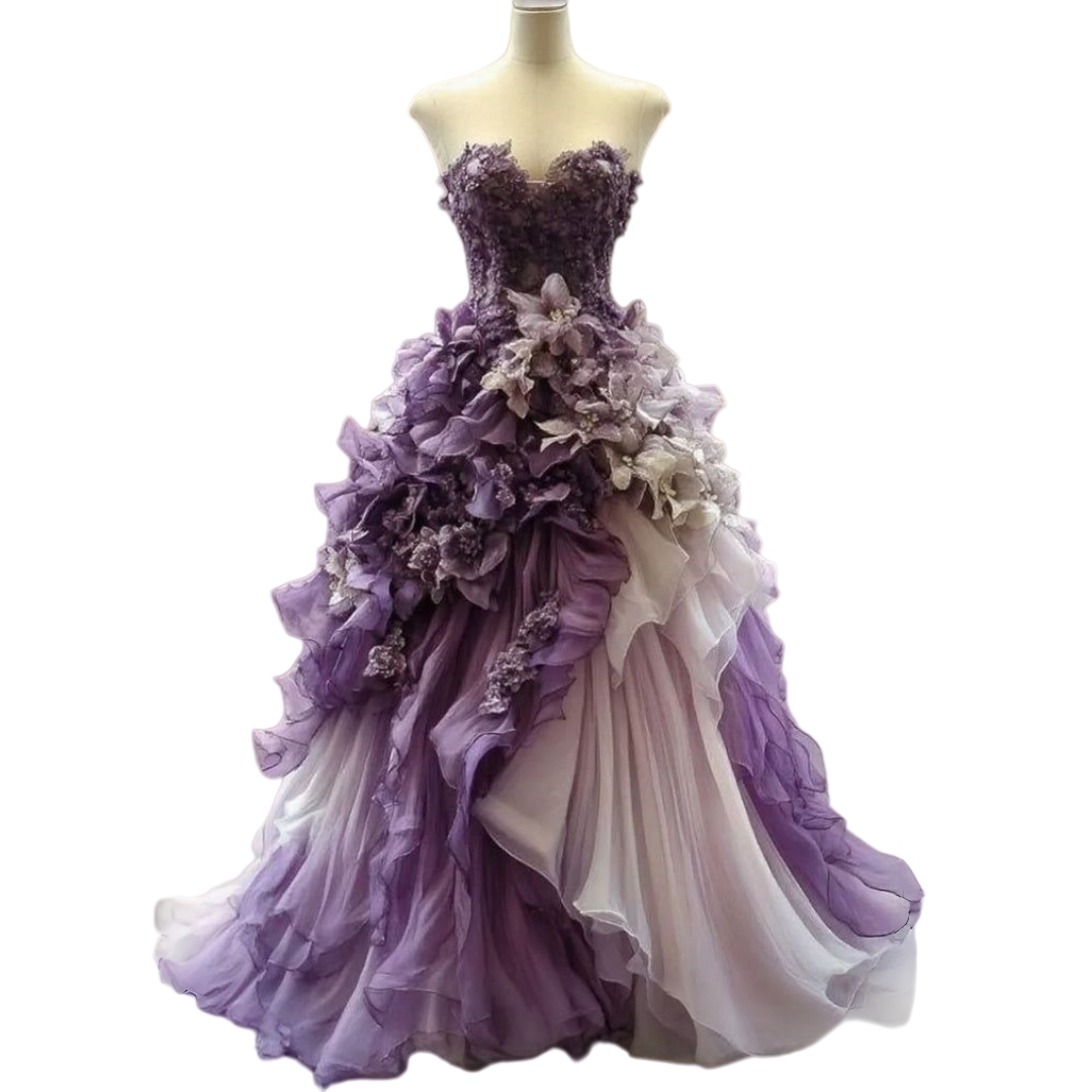 Ombre Lavender White Strapless Flower Prom Dresses Applique Irregular Ruffle Draped Floral Formal Occasion Gowns Chic Fairy Reception Dress For Women