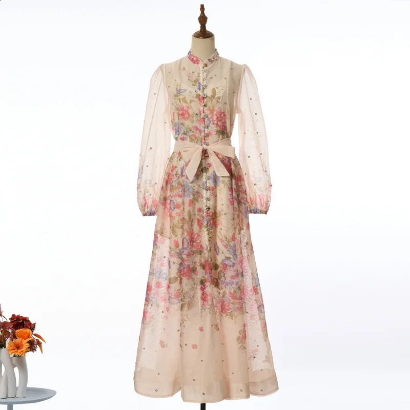 Elegant Long Diamond Flower Print Maxi Dress Single Piece High Waist Gored Skirt Style Comfortable Casual Streetwear 260707