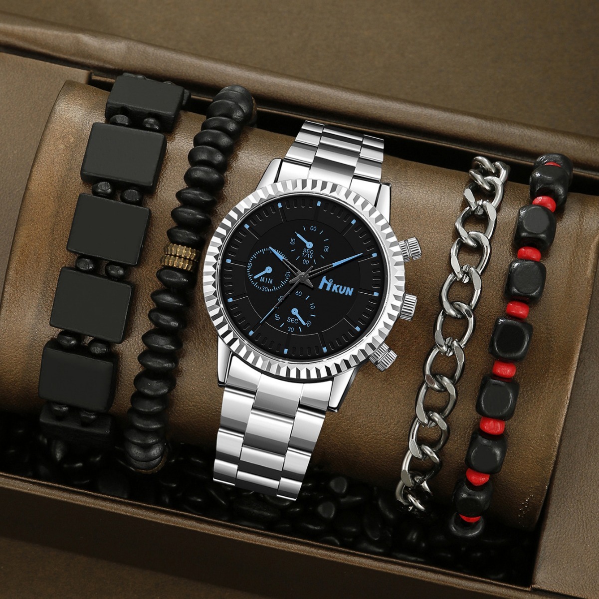 Men Wrist Watch Trendy Sports Men's quartz Quartz Business Alloy Leather Strap Watch, Simple Design, Holiday Three-Eye Beaded Bracelet Set Small 
