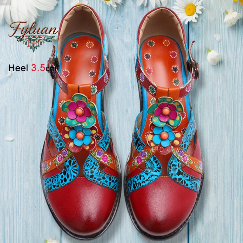 Summer Retro Womens Sandals y Low Heels 35cm Ankle Buckle Straps Ladies Pumps Threedimensional Flower Bohemian Shoes 260707