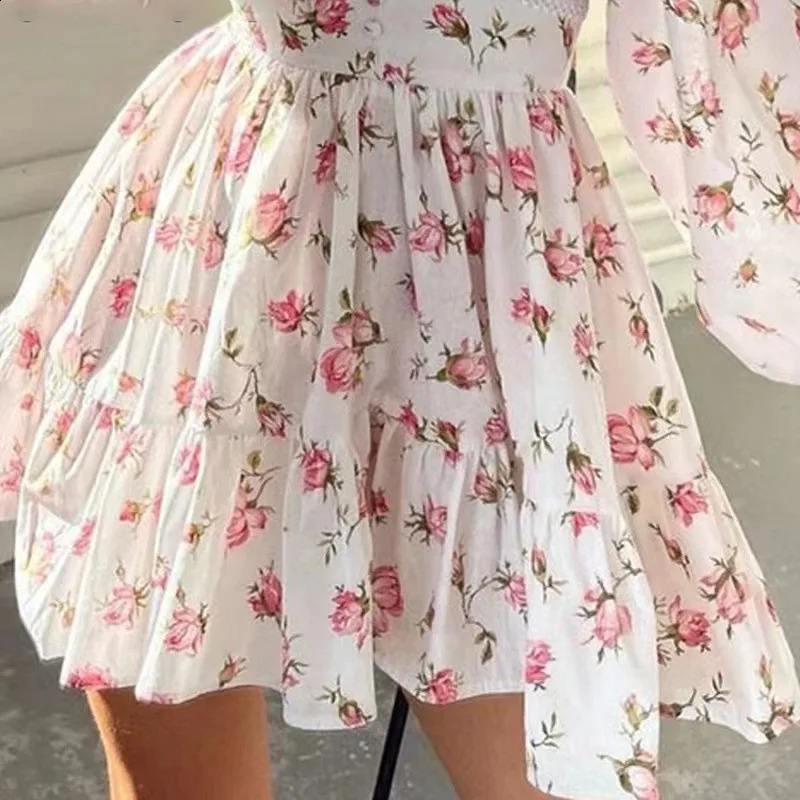 Women Floral Print Mini Dress High Waist ALine Summer Autumn Long Sleeve V Neck Dresses Vintage Beach Vacation Casual Vestidos 260707