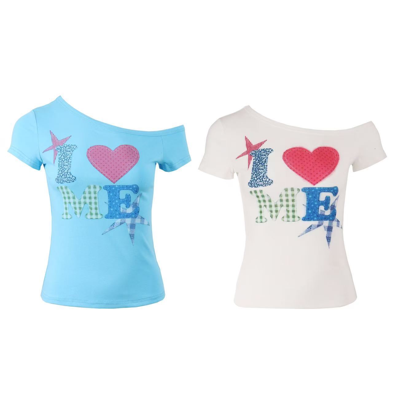 Womens Short Sleeve Tee Womens Spicy Heart Print Light Asian Slim Fit Off Shoulder Casual Top For Women Daily Summer Dating Nightclub Beach Outfits