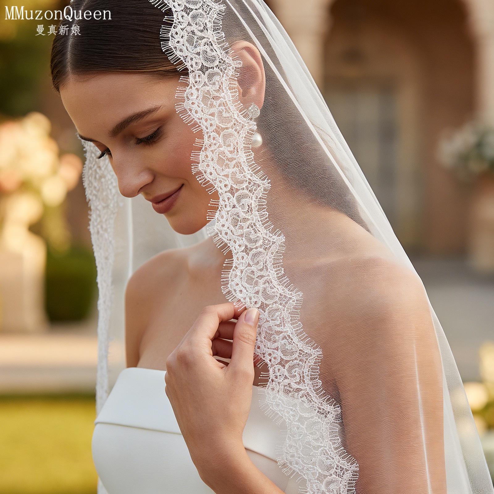 Cathedral Lace Edge Tulle Bridal Veil Single Tier Long Wedding Veil With Metal Hair Comb Vintage Floral Lace Veil For Wedding Ceremony Photoshoot