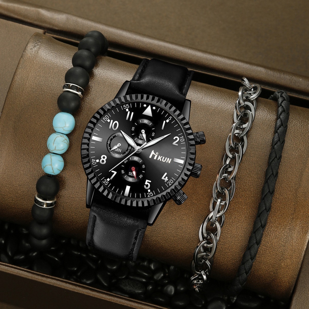 Men Wrist Watch Cross-Border Personalized Fake Three-Eye quartz Business Digital Scale Dial Fashion Men's Wristwatch With Beaded Alloy Bracelet S