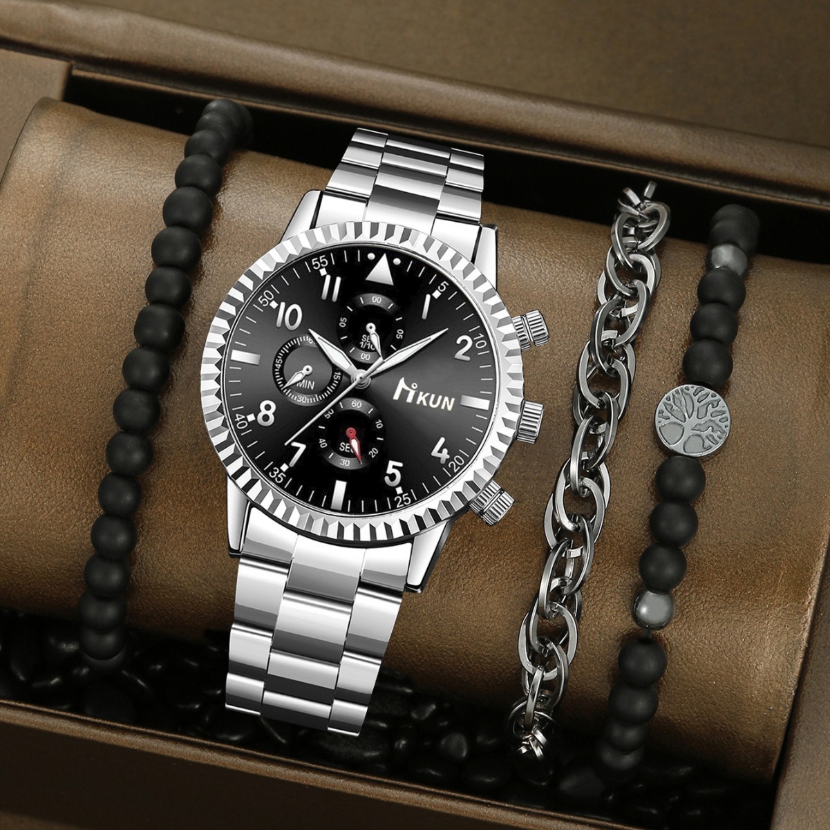 Men Wrist quartz Watch Cross-Border Trendy Alloy Steel Band Fake Three-Eye Business Digital Scale Men's Fashion Bracelet Set Small Dial