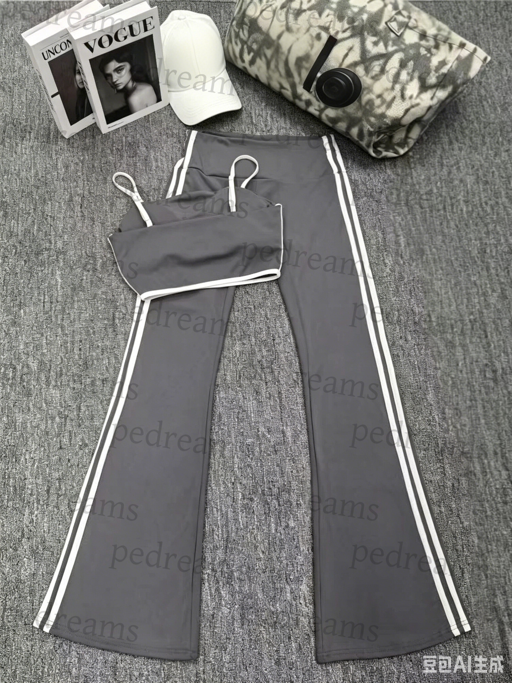 Women Striped Side 2 Piece Yoga Set Spaghetti Strap Sports Bra & High Waist Flare Pants Fitness Workout Outfit