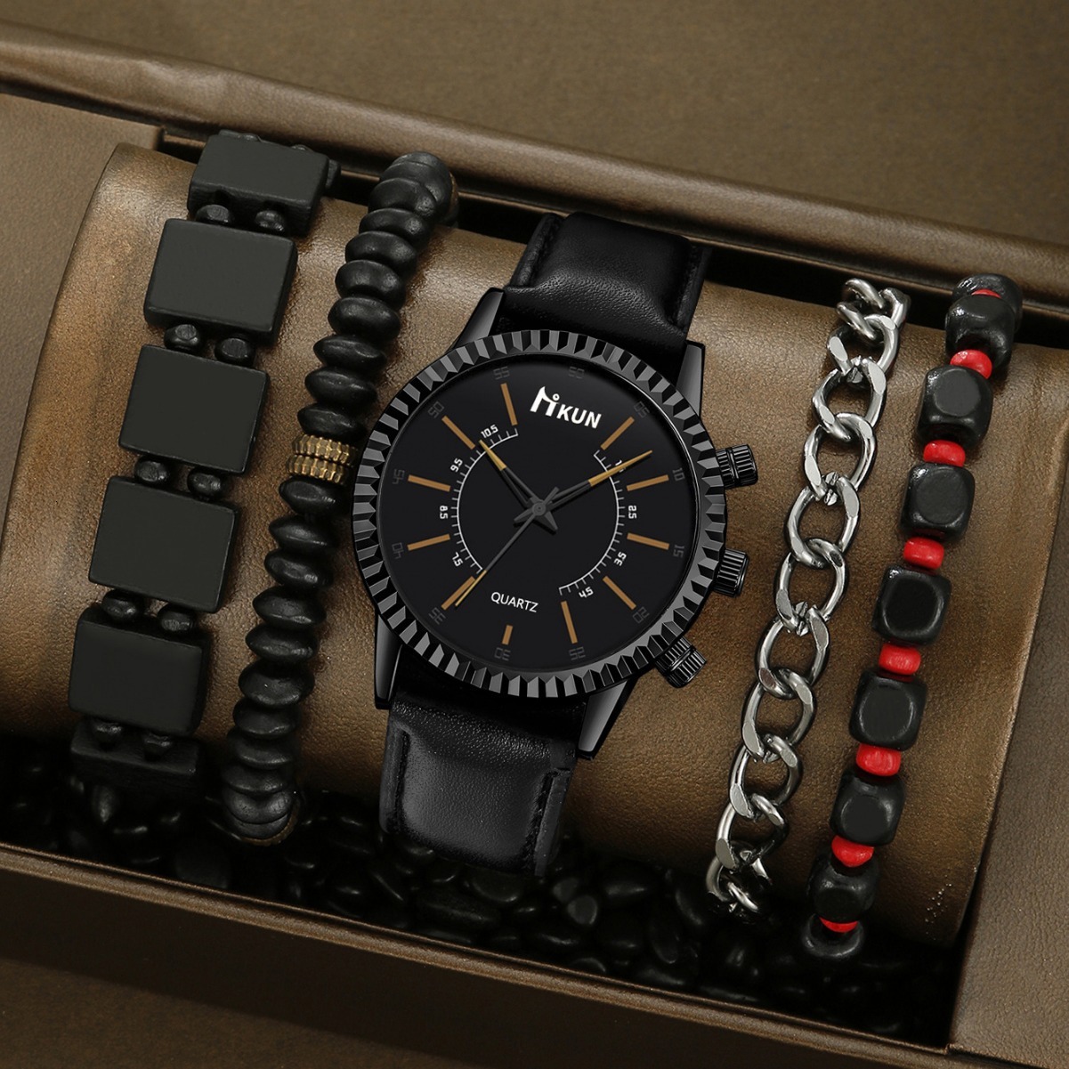 Men Wrist Watch Cross-Border New Product: quartz Sporty Casual Korean-Style Student Creative Gear Dial Leather Strap Quartz And Beaded Bracelet Set Sm