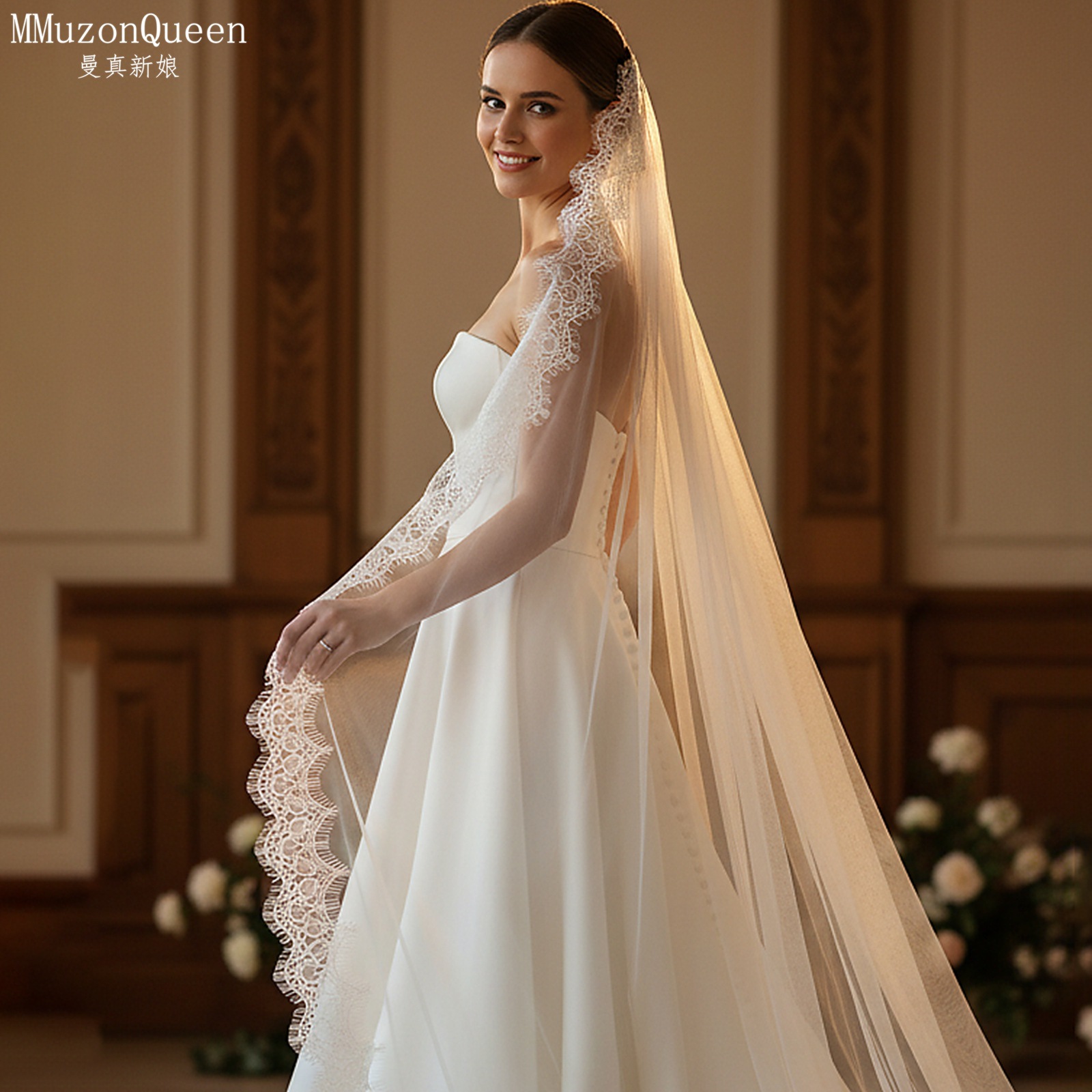 Cathedral Lace Edge Tulle Bridal Veil Single Tier Long Wedding Veil With Metal Hair Comb Vintage Floral Lace Veil For Wedding Ceremony Photoshoot