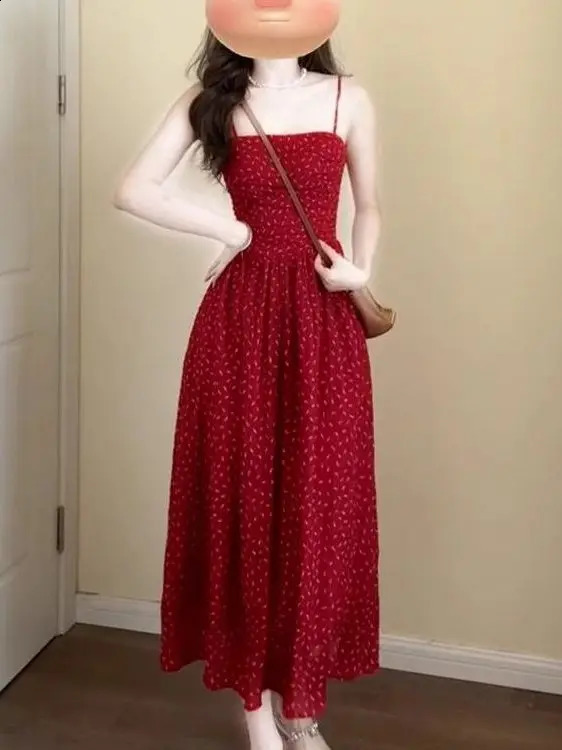 Retro Red Floral Print Halter Dress Summer 2025 Style Beach Vacation Waist Cinched Long Polyester Fabric 260707