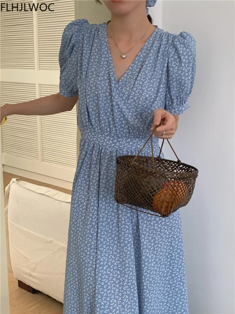 Chic Korean Clothes n Summer Womens Short Sleeve V Neck Elegant Lady Floral Printed LaceUp Cute Retro Vintage Long Dress 260707