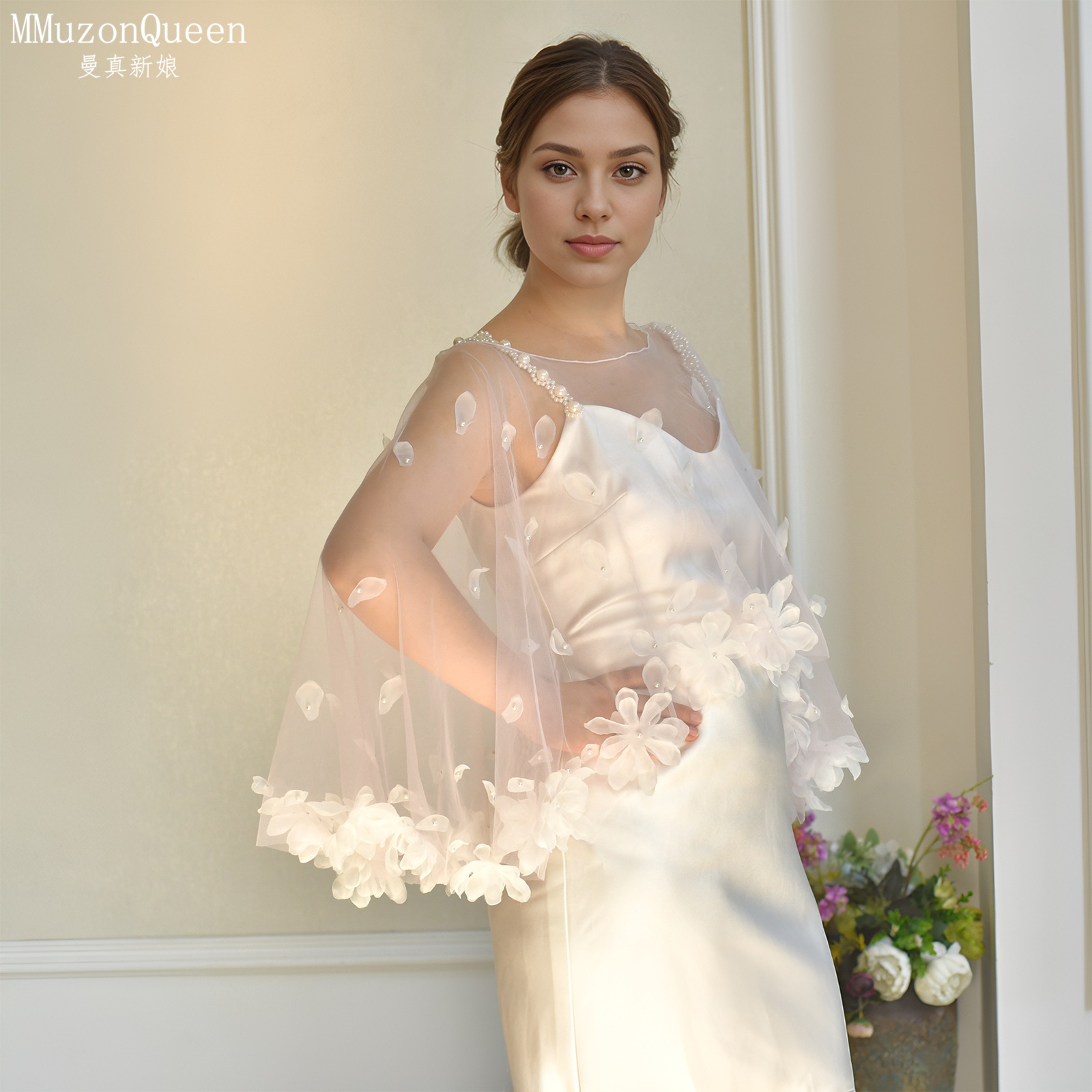 3D Petal Pearl Sheer Tulle Bridal Cape Short Boat Neck Shoulder Wrap White Pink Two Colors Cover Up For Strapless Wedding Gown Evening Party Photoshoo