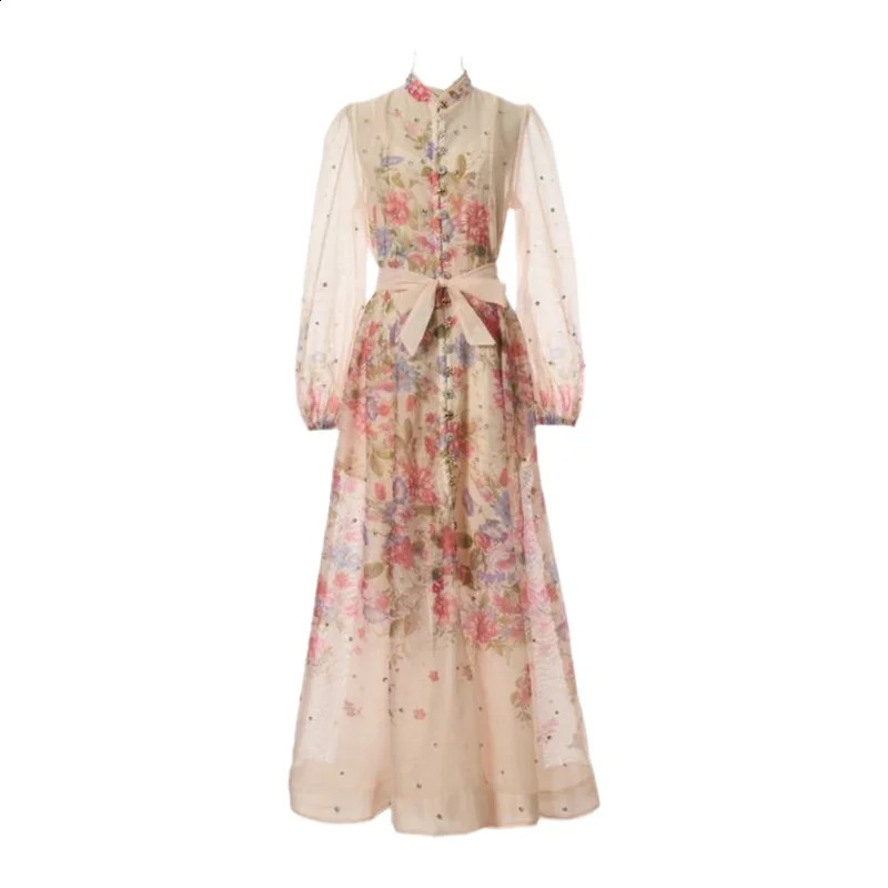 Elegant Long Diamond Flower Print Maxi Dress Single Piece High Waist Gored Skirt Style Comfortable Casual Streetwear 260707